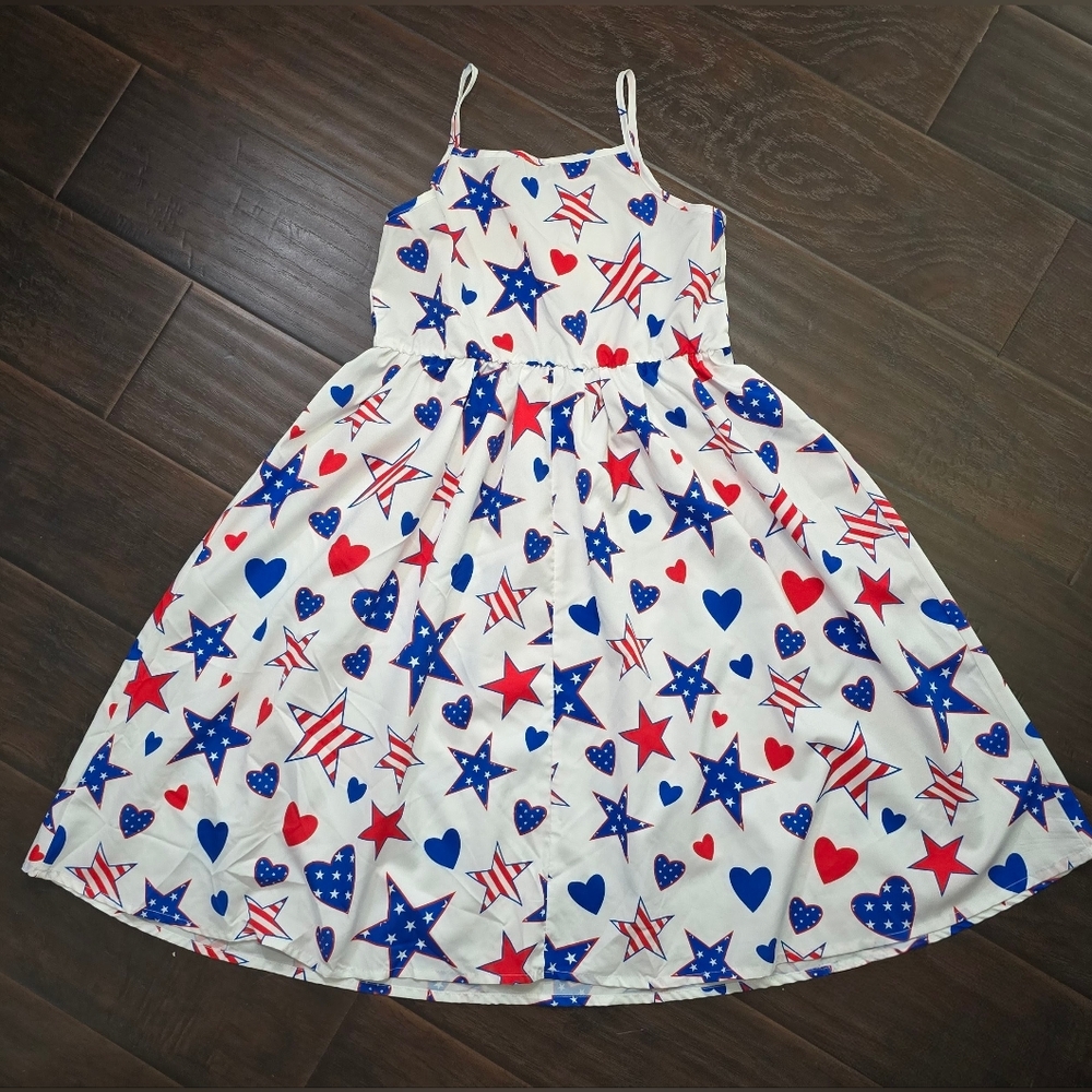 Shein Girls Red, White and Blue Star Spaghetti Strap Casual Dress 12Y